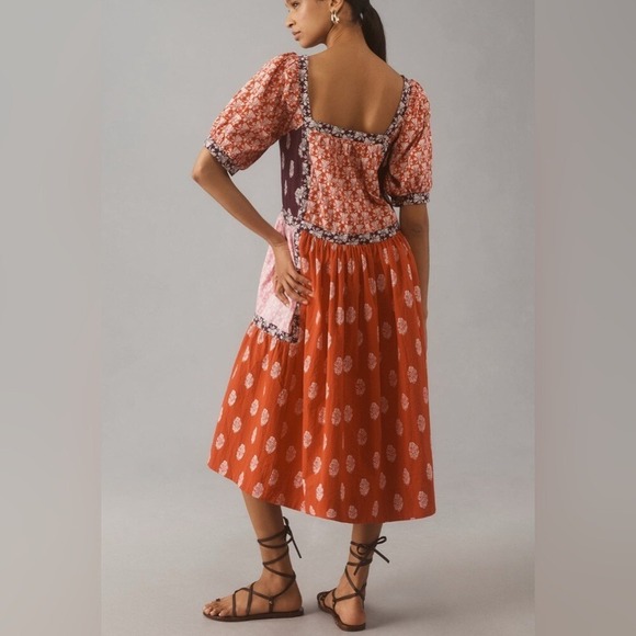 Anthropologie Maeve Short Sleeve Square Neck Mixed Print Midi Dress Size Small - Picture 6 of 10